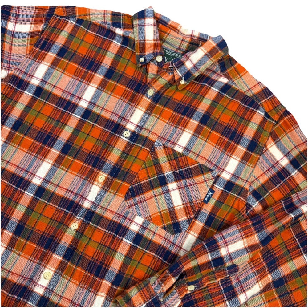 Woolrich Men's L Button Up Shirt Navy Orangeโ Plaid Flannel Long Sleeve Pocket